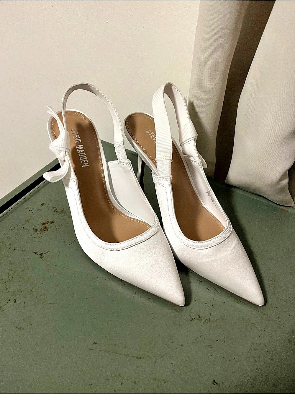 Steve Madden Teacup Satin Slingback Pumps White Heels